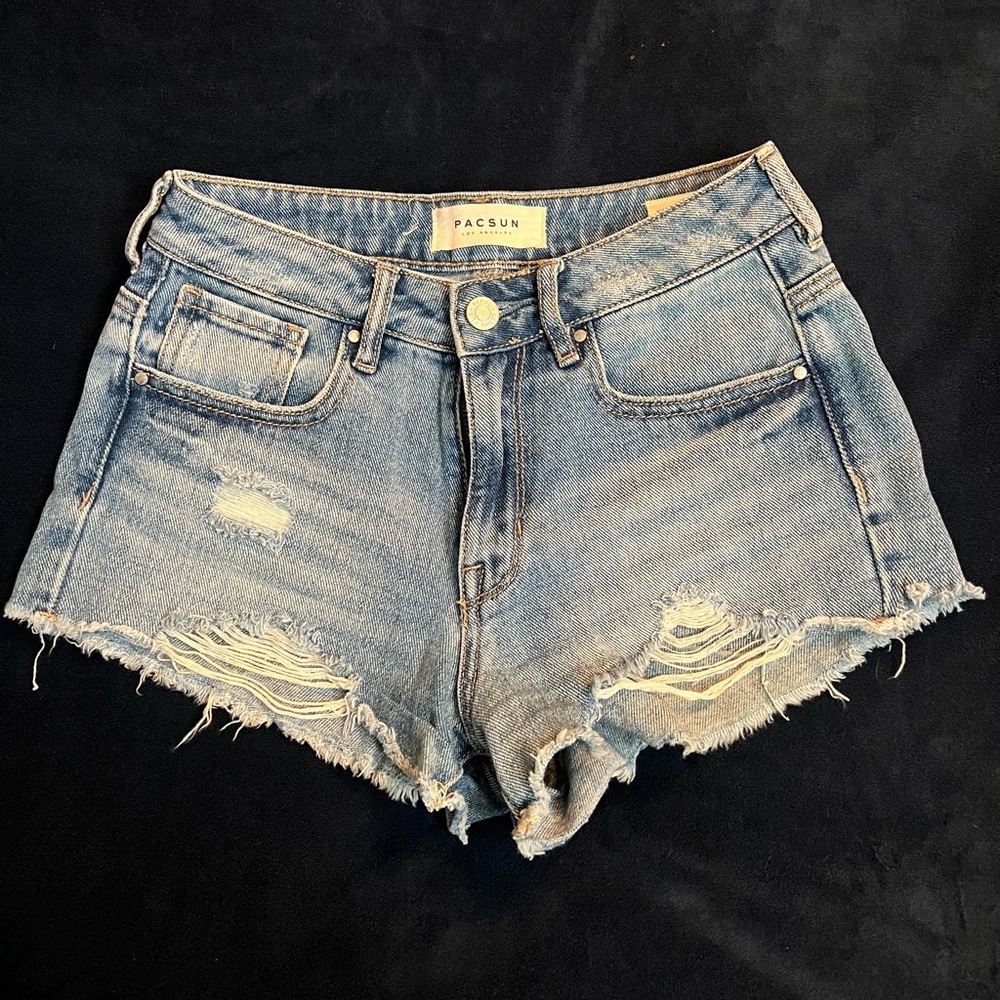 PacSun Blue High-Rise Festival Ripped Denim Shorts